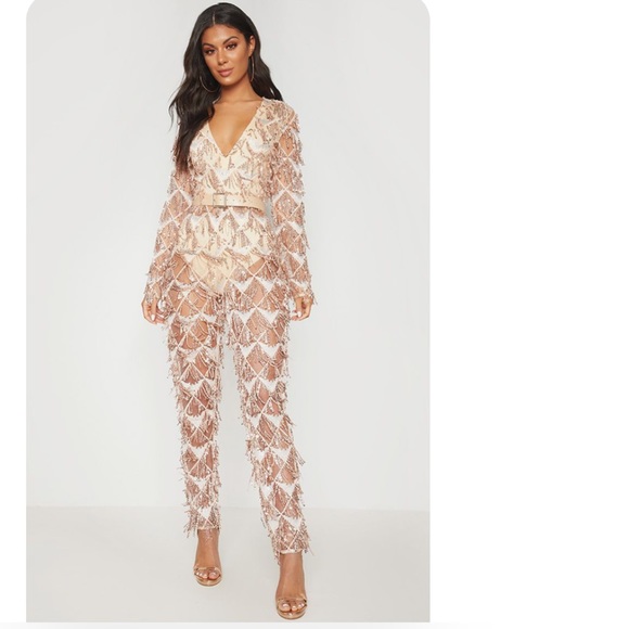 PrettyLittleThing Dresses Rose Gold Tassel Sequin Plunge Jumpsuit Poshmark